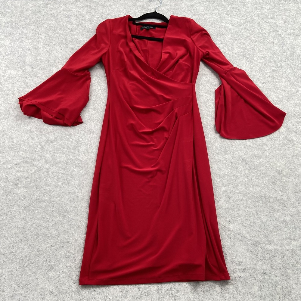 Lauren Ralph Lauren Dress Womens 0 Red Bell Sleeve Sheath Knee *SMALL HOLES*